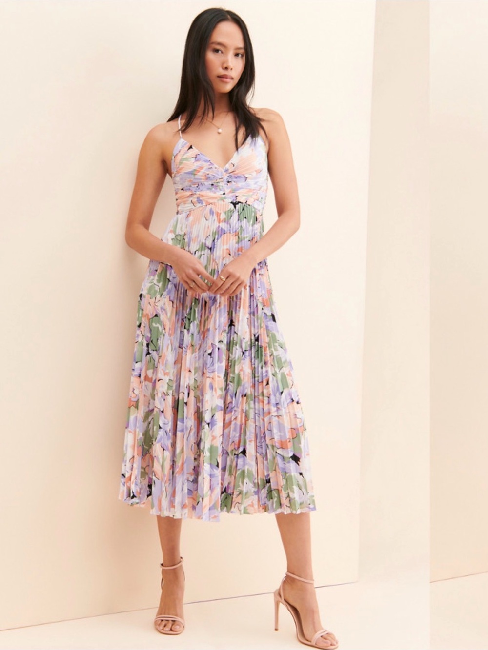 Floral Pleated Midi Dress in Pastel Multi